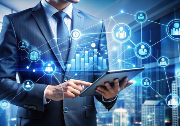 Businessman using tablet with network icons.