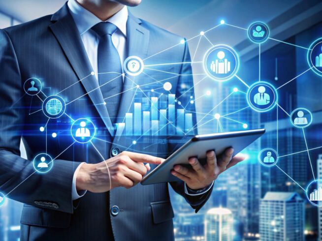 Businessman using tablet with network icons.